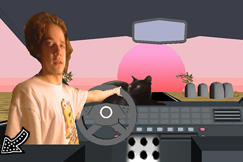 Thumbnail of a 3D render showing a man driving a car through a desert